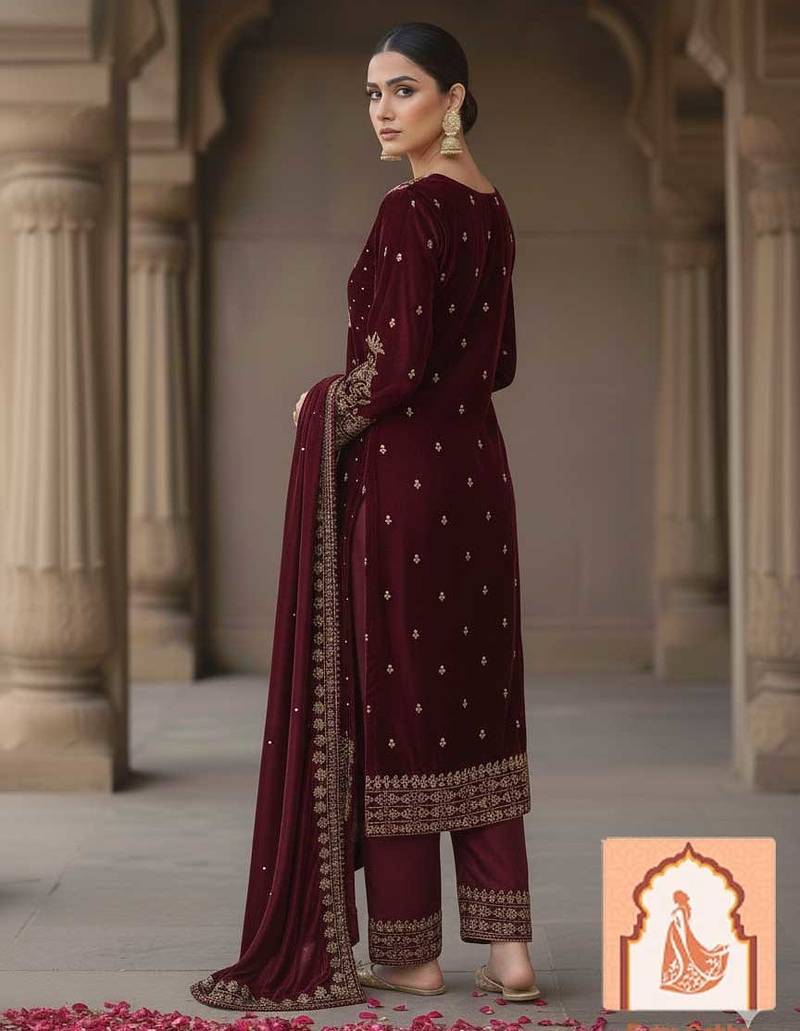 Maroon Velvet Suit Set with Heavy Zari Sequence & Pearl Work