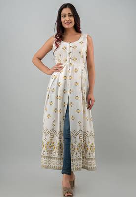 red printed viscose rayon frontslit anarkali long kurtis 1
