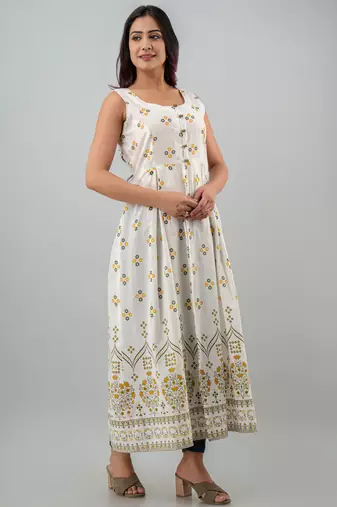 red printed viscose rayon frontslit anarkali long kurtis