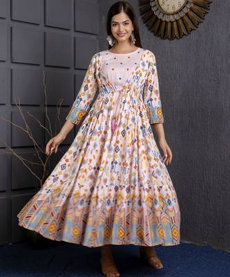 ftDiva pink printed viscose rayon frontslit anarkali long kurtis for Festive, Wedding,Party Wear 1