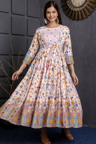 pink printed viscose rayon frontslit anarkali long kurtis