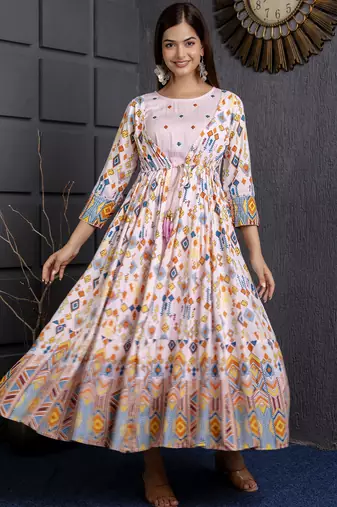 pink printed viscose rayon frontslit anarkali long kurtis