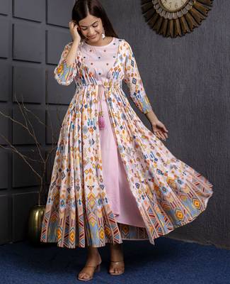 ftDiva pink printed viscose rayon frontslit anarkali long kurtis for Festive, Wedding,Party Wear 3