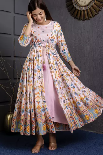 ftDiva pink printed viscose rayon frontslit anarkali long kurtis for Festive, Wedding,Party Wear