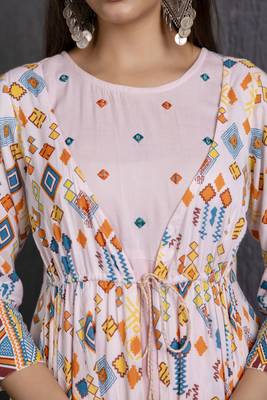 ftDiva pink printed viscose rayon frontslit anarkali long kurtis for Festive, Wedding,Party Wear 4