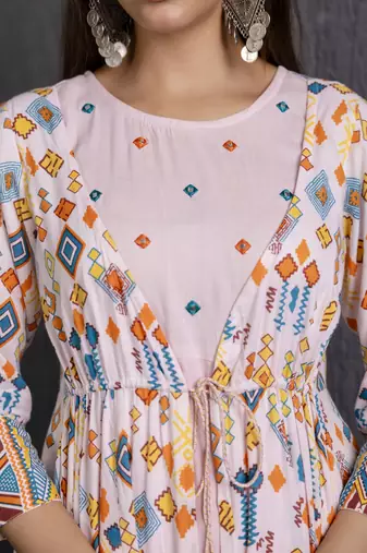 ftDiva pink printed viscose rayon frontslit anarkali long kurtis for Festive, Wedding,Party Wear