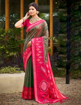 Green printed pochampalli soft silk casual saree with blouse 1