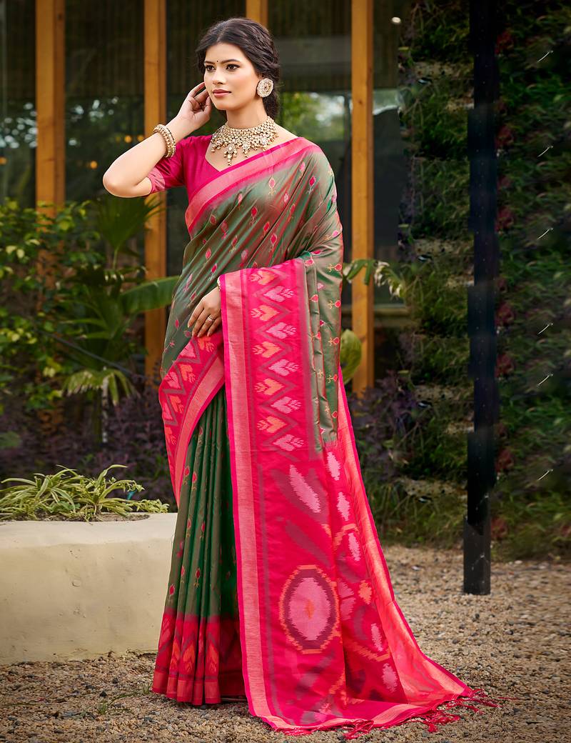 Green printed pochampalli soft silk casual saree with blouse