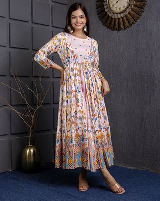 ftDiva pink printed viscose rayon frontslit anarkali long kurtis for Festive, Wedding,Party Wear 5