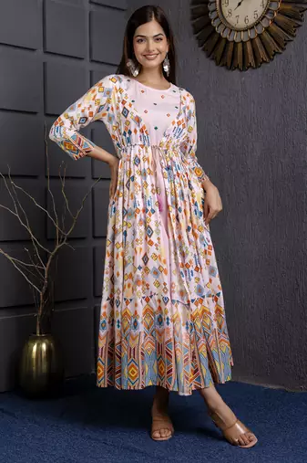 ftDiva pink printed viscose rayon frontslit anarkali long kurtis for Festive, Wedding,Party Wear