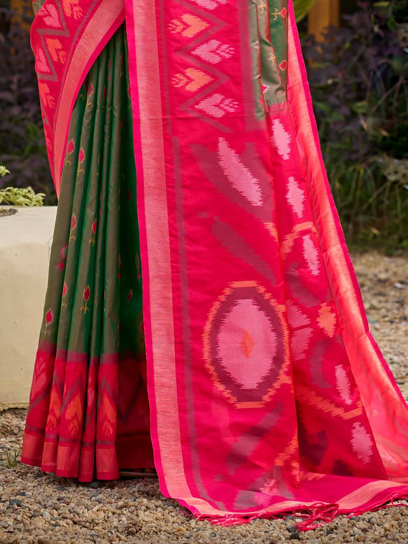 Green printed pochampalli soft silk casual saree with blouse