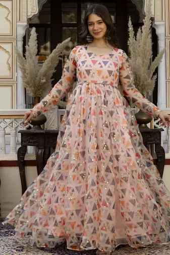 pink printed viscose rayon  anarkali long kurtis