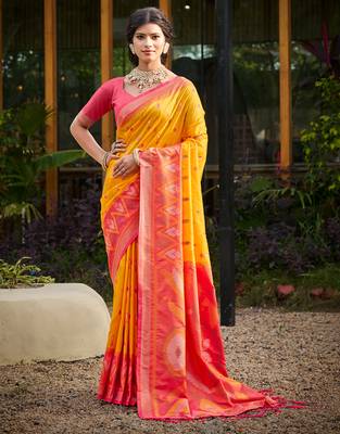 Ligth yellow printed pochampalli soft silk casual saree with blouse 1