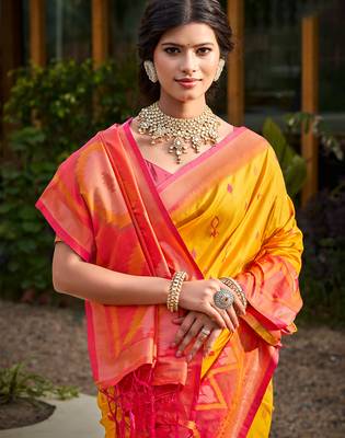 Ligth yellow printed pochampalli soft silk casual saree with blouse 2