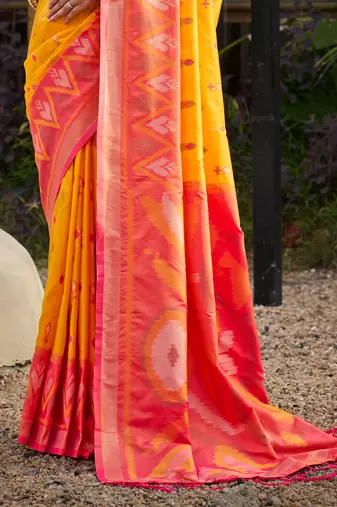 Ligth yellow printed pochampalli soft silk casual saree with blouse