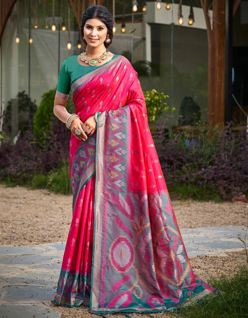 Pink printed pochampalli soft silk casual saree with blouse