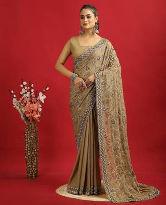 brown georgette saree with embroidery pallu & border 1