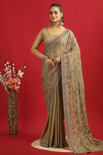 Traditional Star Georgette Saree with Full Embroidery Pallu Work, Embroidery Border and Plain Blouse
