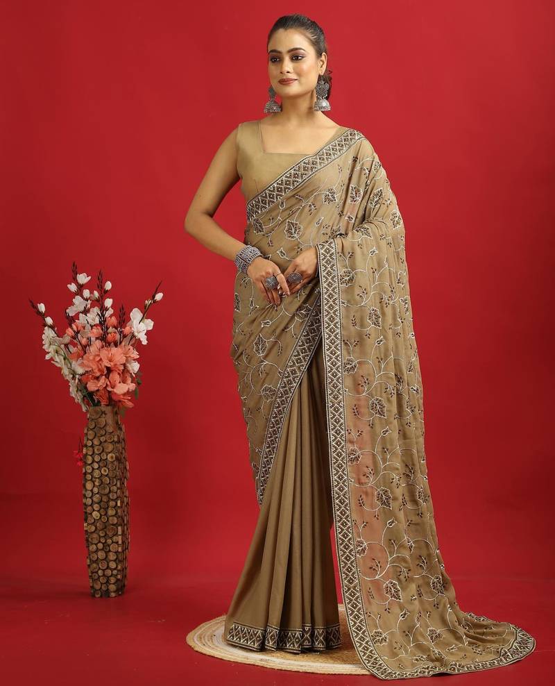Traditional Star Georgette Saree with Full Embroidery Pallu Work, Embroidery Border and Plain Blouse