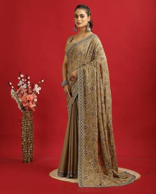 brown georgette saree with embroidery pallu & border 2