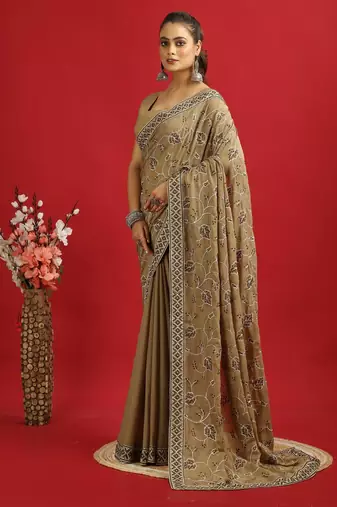brown georgette saree with embroidery pallu & border