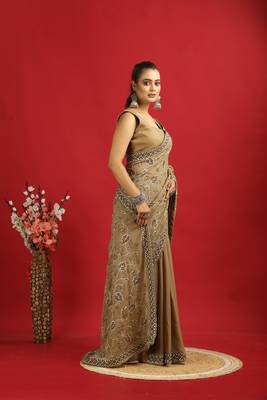brown georgette saree with embroidery pallu & border 3