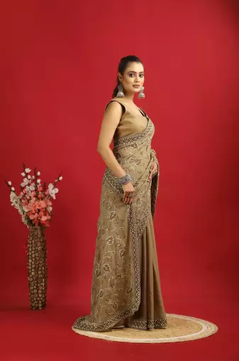 brown georgette saree with embroidery pallu & border