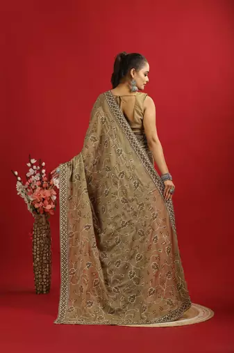 brown georgette saree with embroidery pallu & border