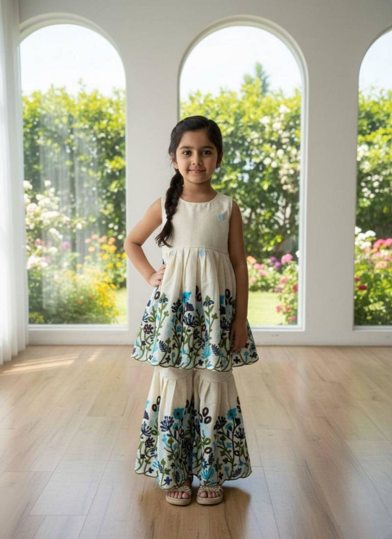 Off white kora cotton thread work sharara set