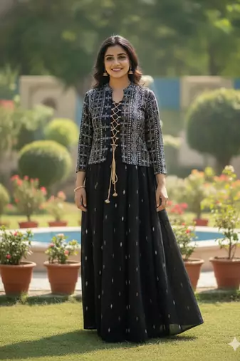 black printed pure viscose rayon  anarkali long kurtis