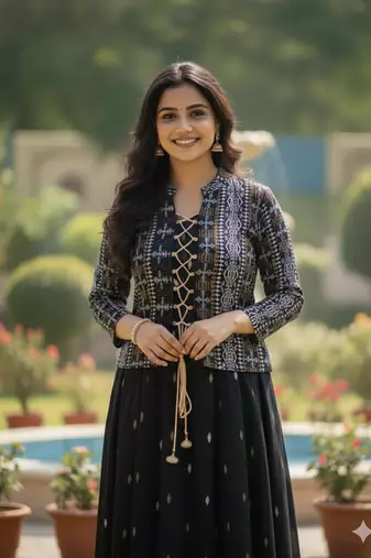 black printed pure viscose rayon  anarkali long kurtis