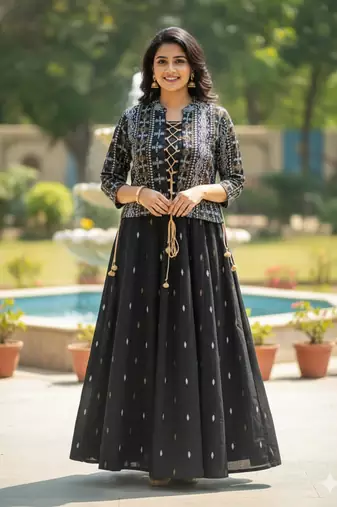 black printed pure viscose rayon  anarkali long kurtis