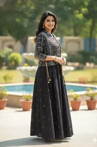 black printed pure viscose rayon  anarkali long kurtis