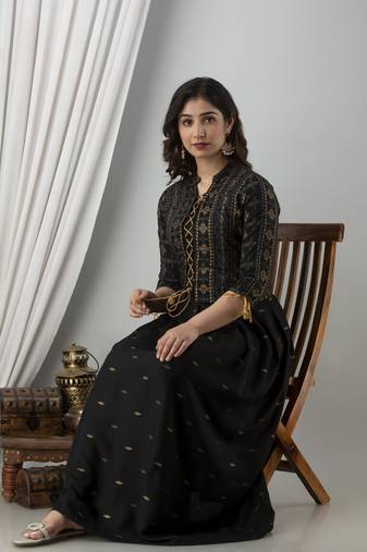 black printed pure viscose rayon  anarkali long kurtis