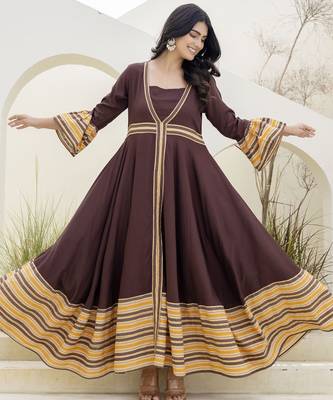 brown printed pure viscose rayon  frontslit anarkali long kurtis 1