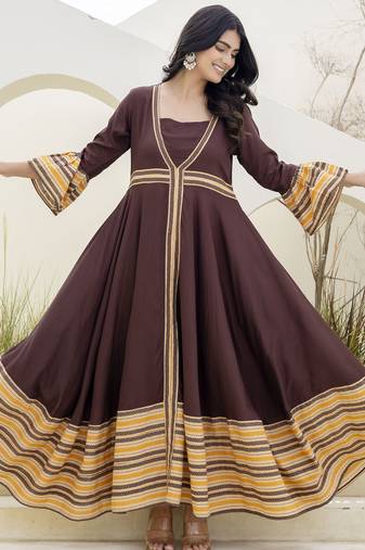 brown printed pure viscose rayon  frontslit anarkali long kurtis