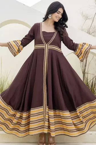 brown printed pure viscose rayon  frontslit anarkali long kurtis
