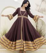 brown printed pure viscose rayon  frontslit anarkali long kurtis