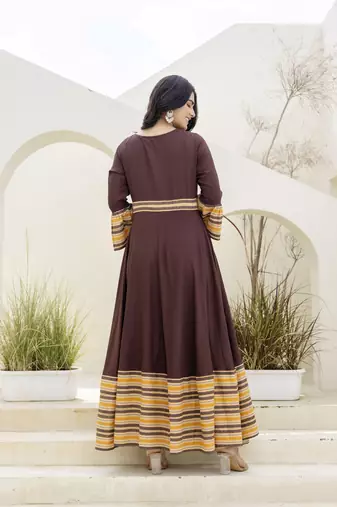 brown printed pure viscose rayon  frontslit anarkali long kurtis