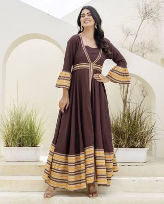 brown printed pure viscose rayon  frontslit anarkali long kurtis 3