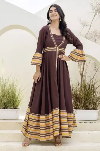 brown printed pure viscose rayon  frontslit anarkali long kurtis