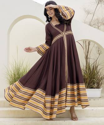 brown printed pure viscose rayon  frontslit anarkali long kurtis 4