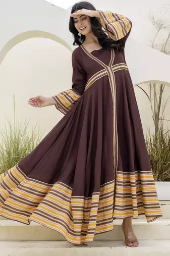 brown printed pure viscose rayon  frontslit anarkali long kurtis