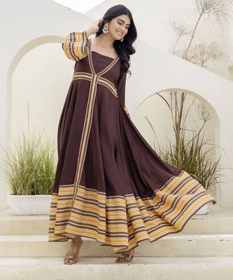 brown printed pure viscose rayon  frontslit anarkali long kurtis 5