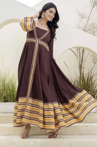 brown printed pure viscose rayon  frontslit anarkali long kurtis