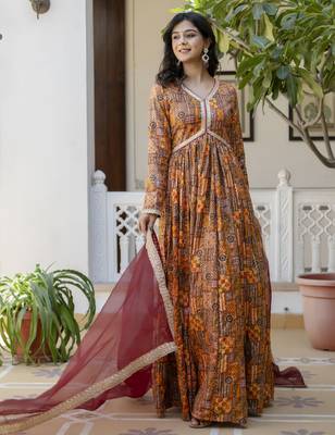 multicolor printed muslin  anarkali long kurtis with dupatta 1