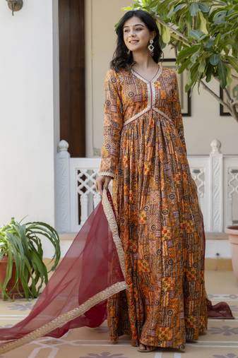 multicolor printed muslin  anarkali long kurtis with dupatta