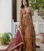 multicolor printed muslin  anarkali long kurtis with dupatta