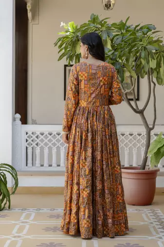 multicolor printed muslin  anarkali long kurtis with dupatta