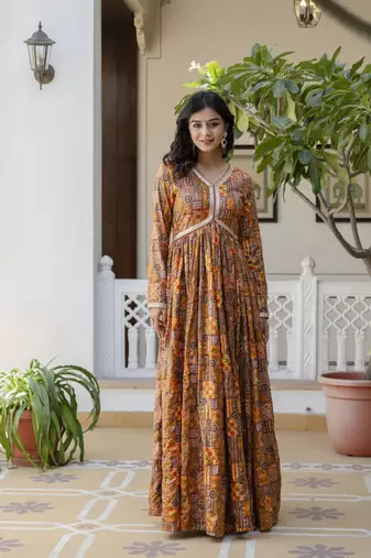 multicolor printed muslin  anarkali long kurtis with dupatta